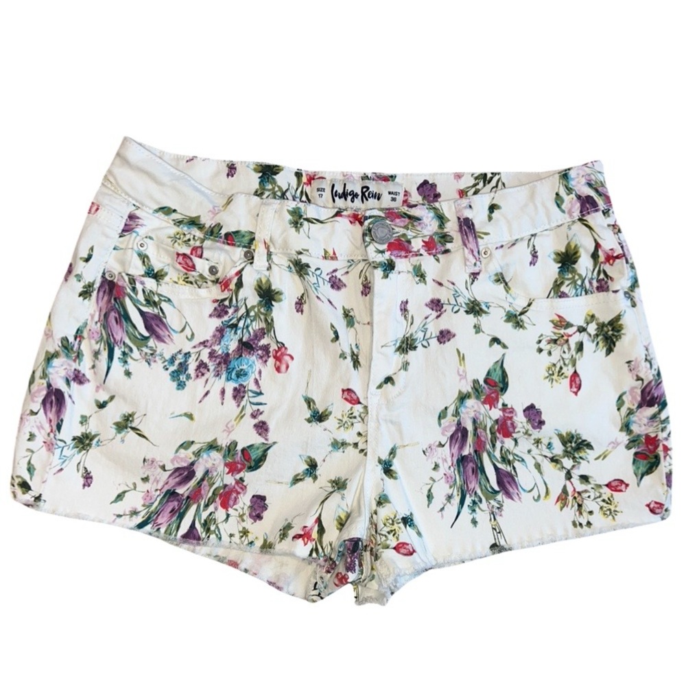 WOMEN'S FLORAL CUT OFF DENIM SHORTS INDIGO REIN Size 17/ Waist 36